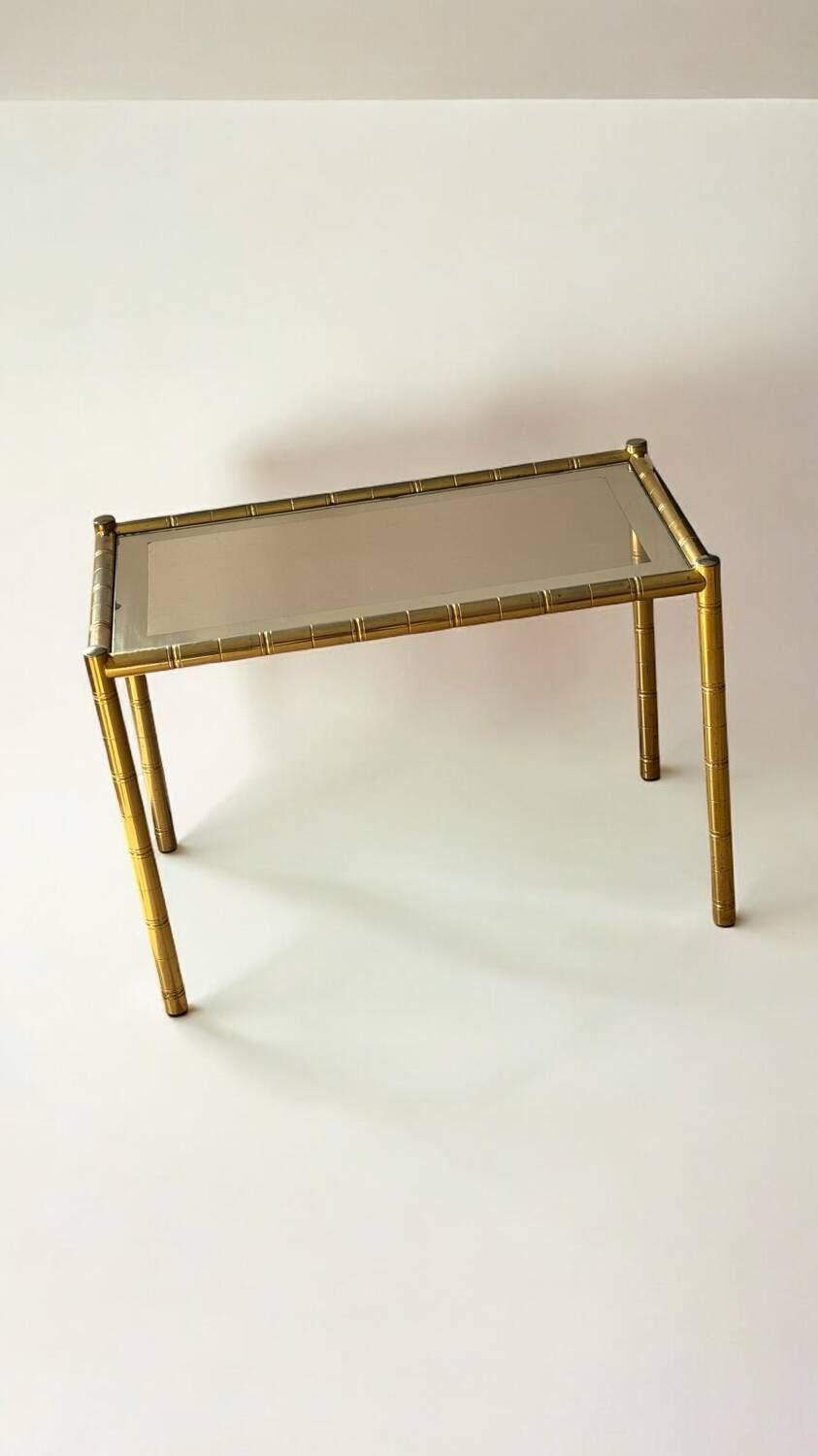 Gilded brass bamboo and smoked glass side table, France 1970
