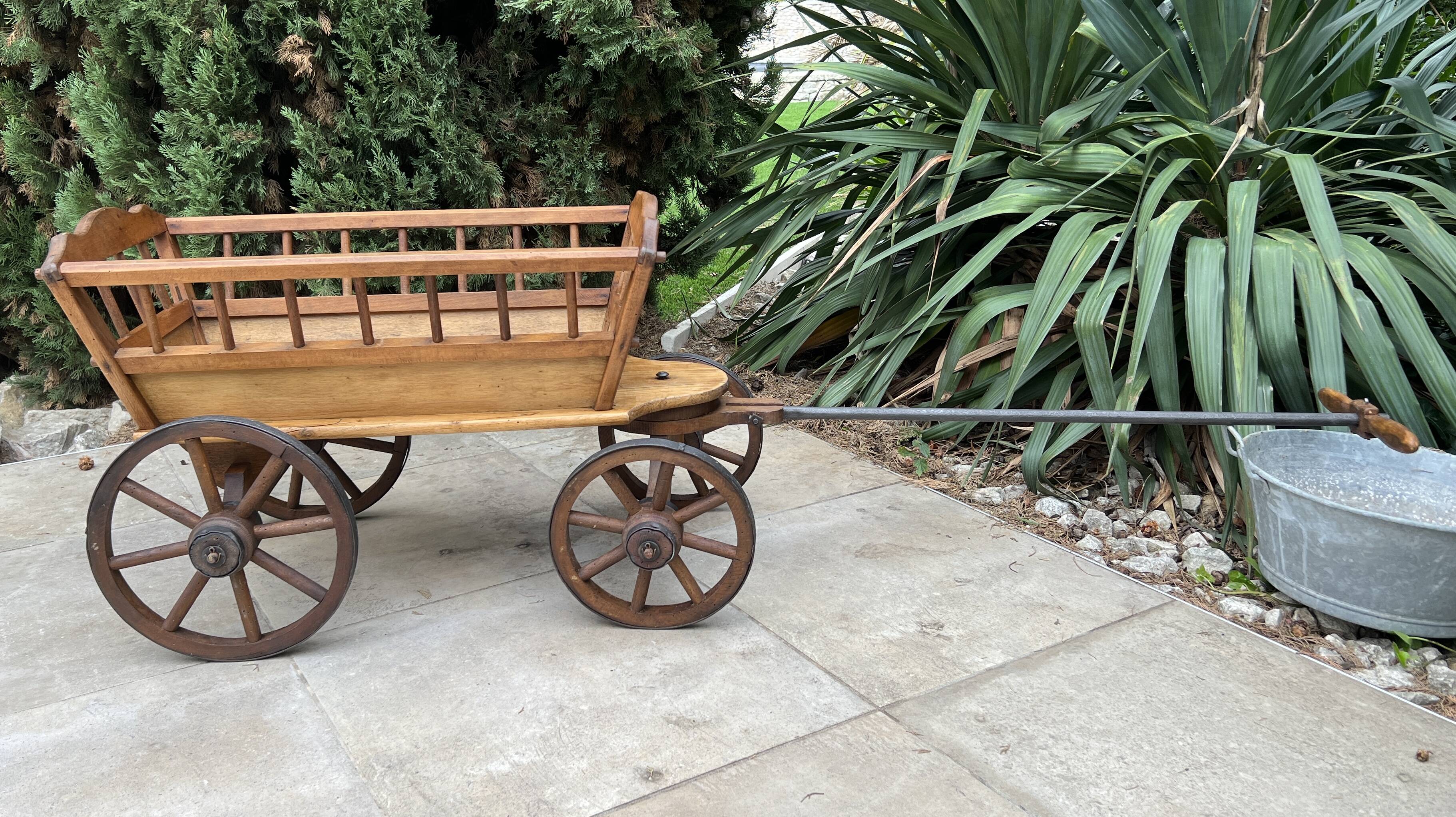 19th century cart in wood and wrought iron, garden cart, storage