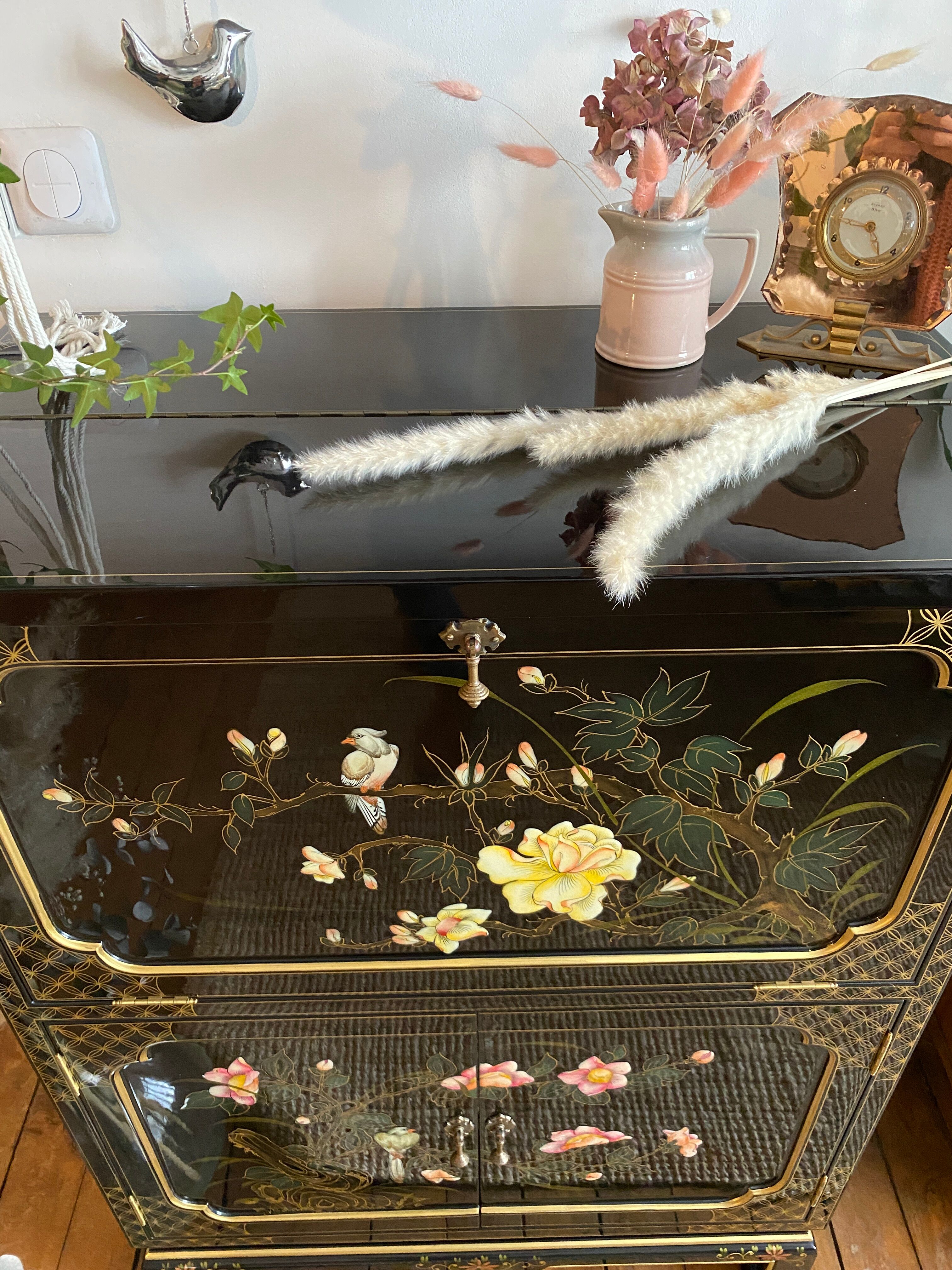 Chinese secretarial cabinet lacquered black Asian