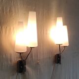 Asymmetrical double light wall sconces in brass, metal, and opaline - 50s