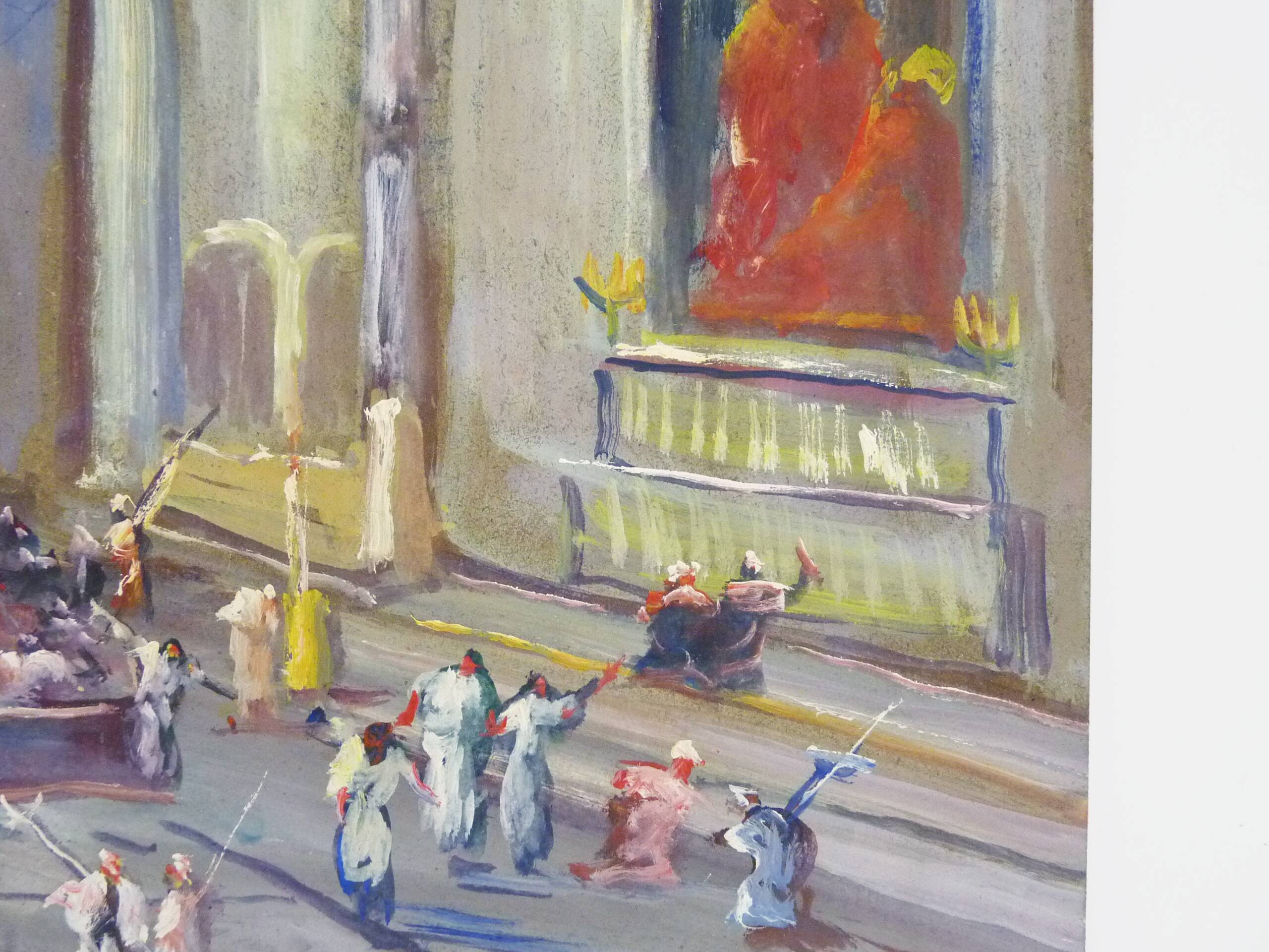 Oil on wood by Riccardo Capone Interior Church 50s 60s
