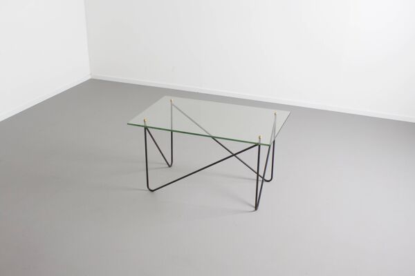 Table vintage en métal et verre par Airborne, France, 1950