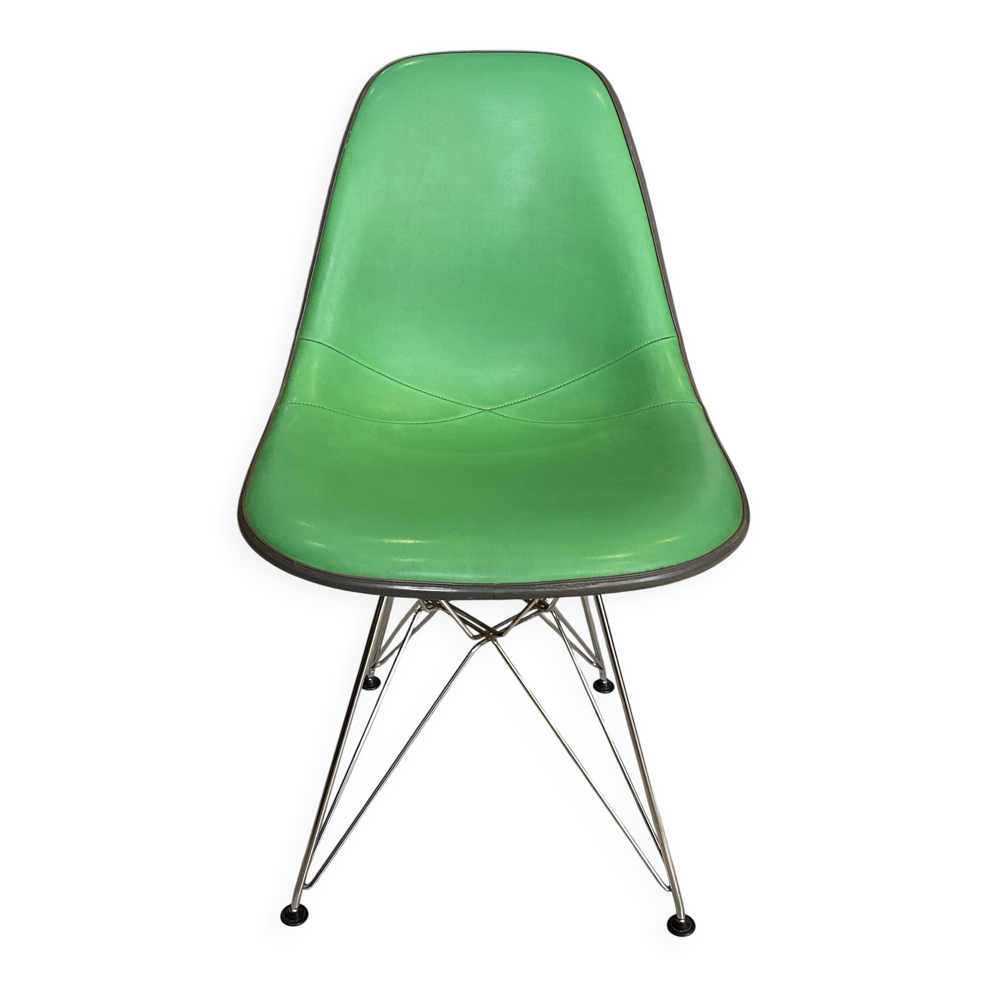 Eames Herman Miller DSR Eiffel chair in green greige fibreglass and vinyl.