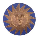 Relief mural signed in ceramic, sun with blue and gold face, 1990s.