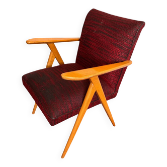 Fauteuil vintage années 50 bois massif rouge mid-century scandinave