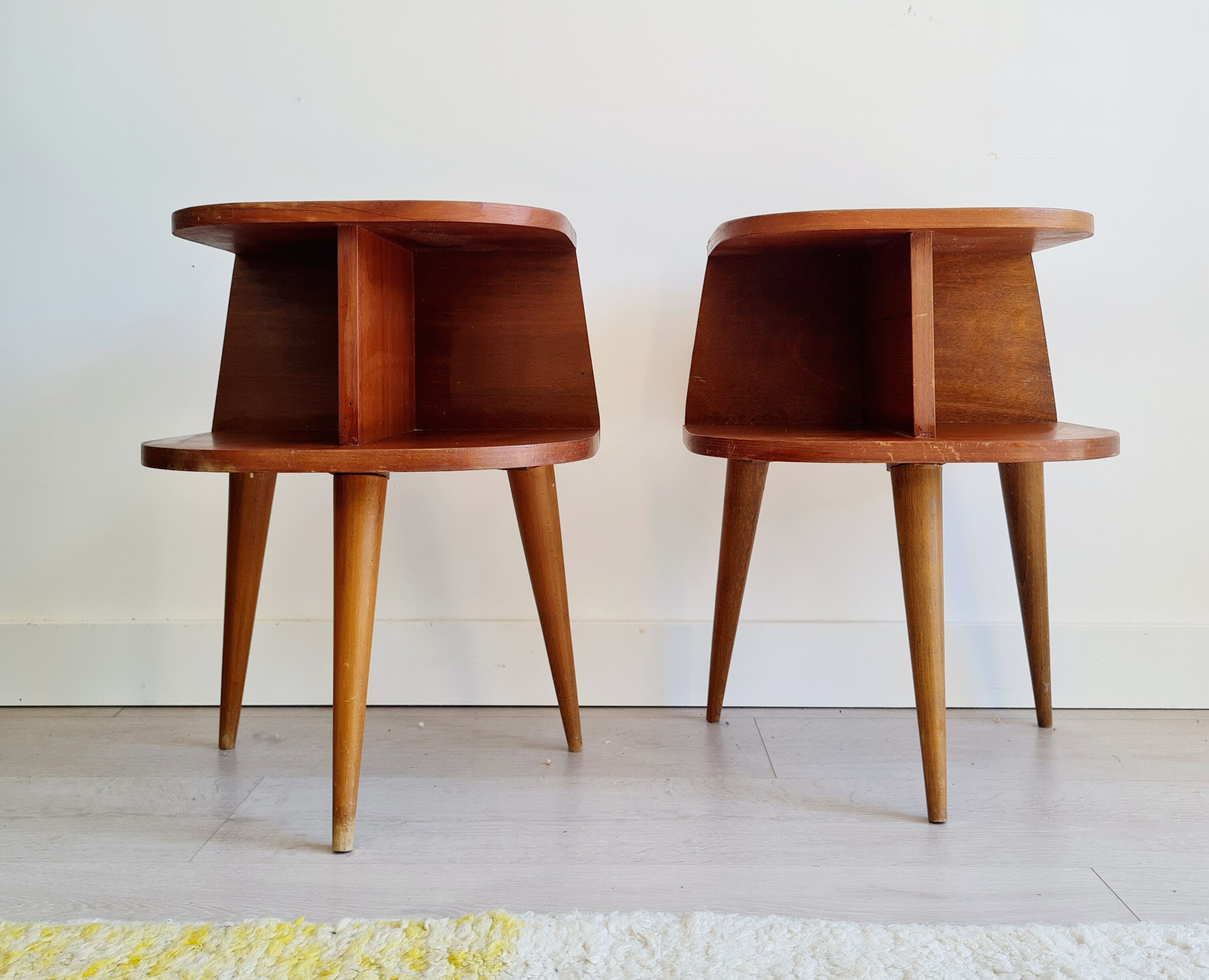 Pair of tripod bedside tables with compass feet