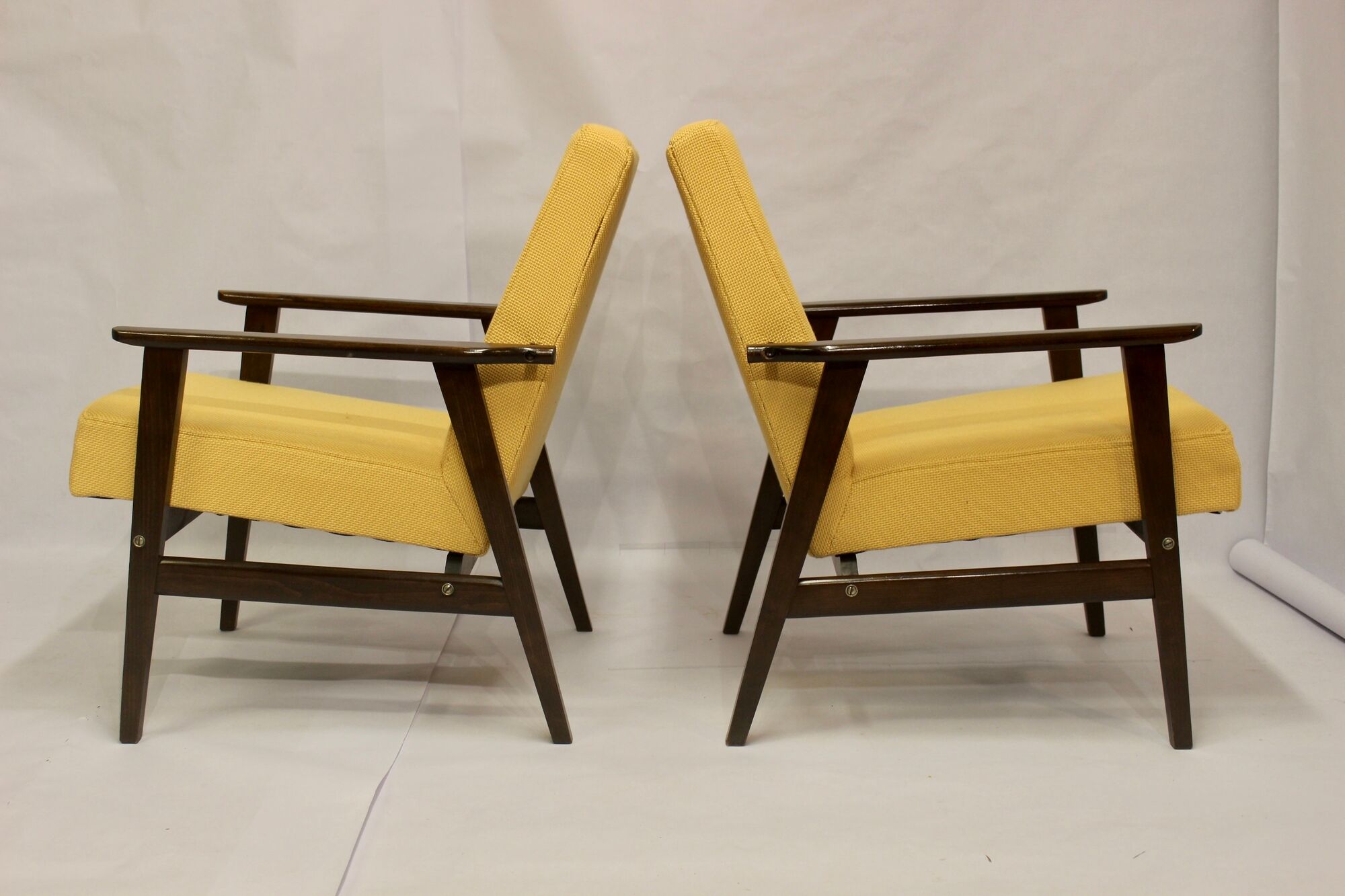 Armchair Henryk Lis 300-190 years 1970 yellow fabric Pierre Frey.