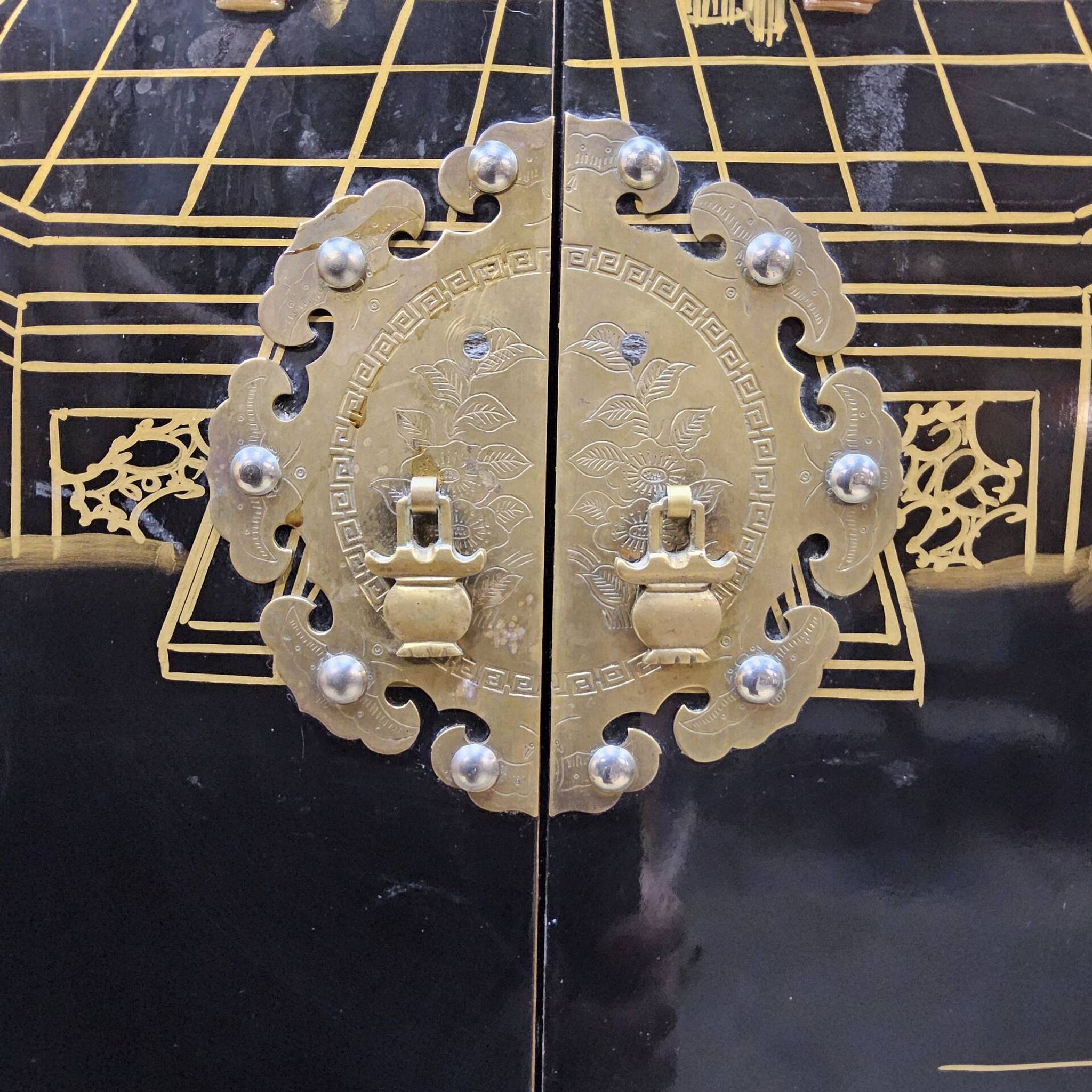Vintage Chinese black lacquer cabinet soapstone, mother-of-pearl bohemia