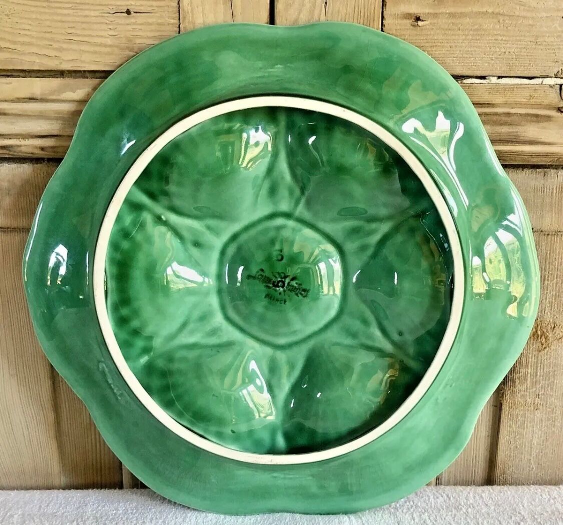 7 old oyster plates Sarreguemines green slurry