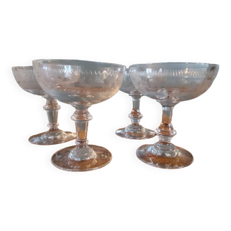 4 antique champagne glasses, engraved Empire frieze - Period 1900 - 2 foot models