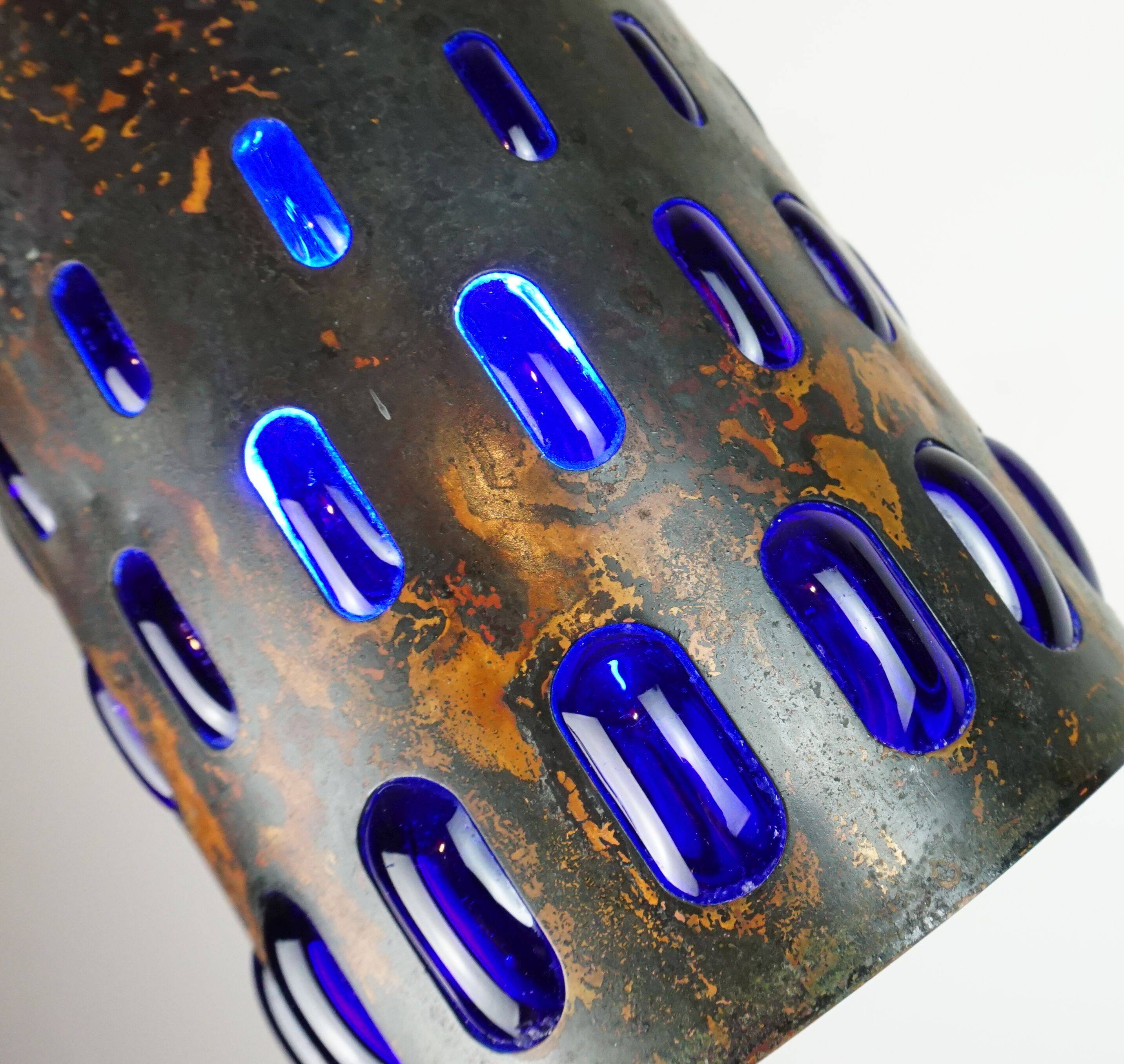 mid century modern PENDANT LAMP flamed copper and blue glass 1960s