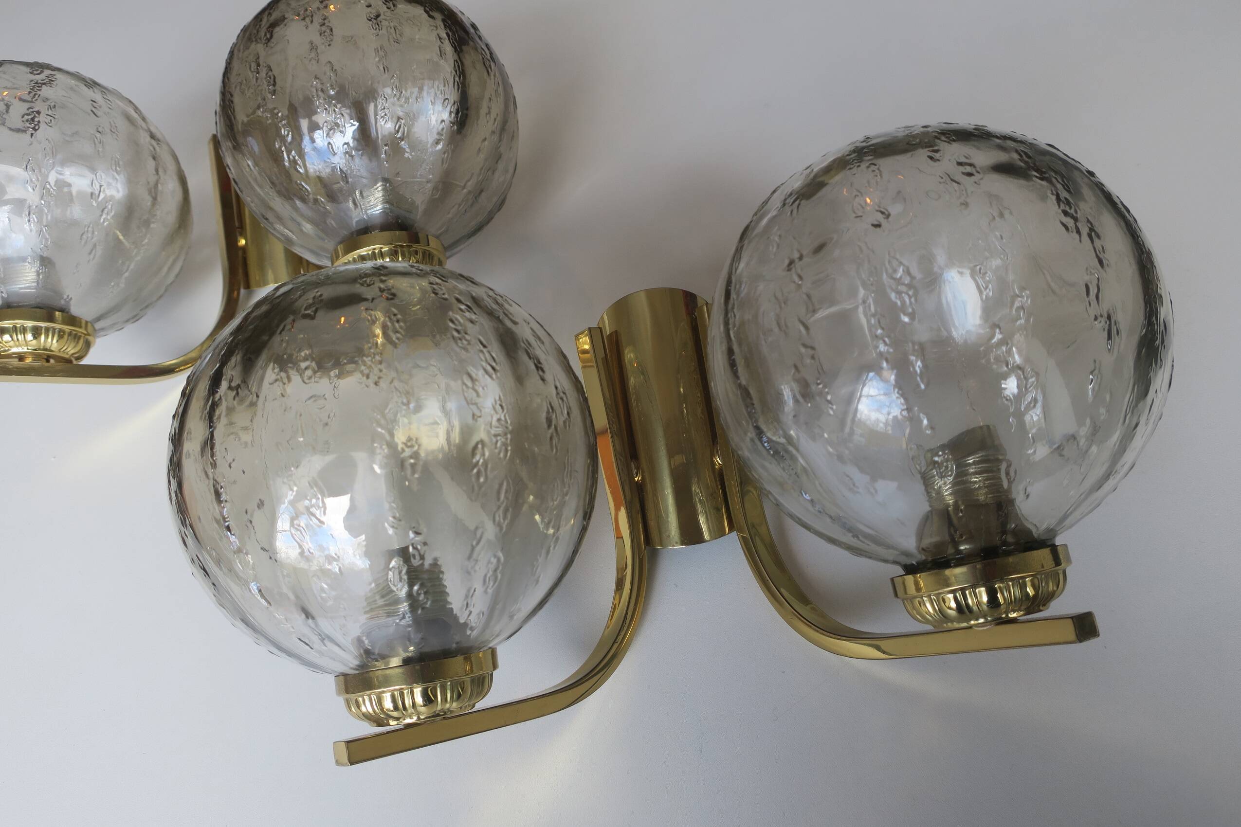 Vintage pair of brass and glass double wall lights, 1970s