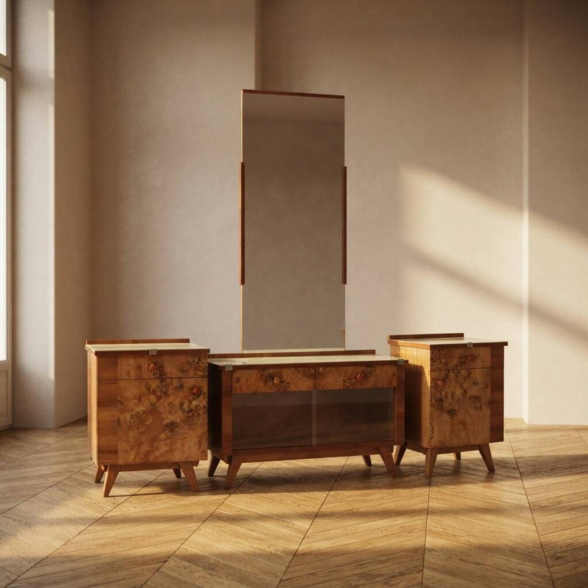 Coiffeuse vintage avec placage de noyer, grand miroir et armoires de rangement.