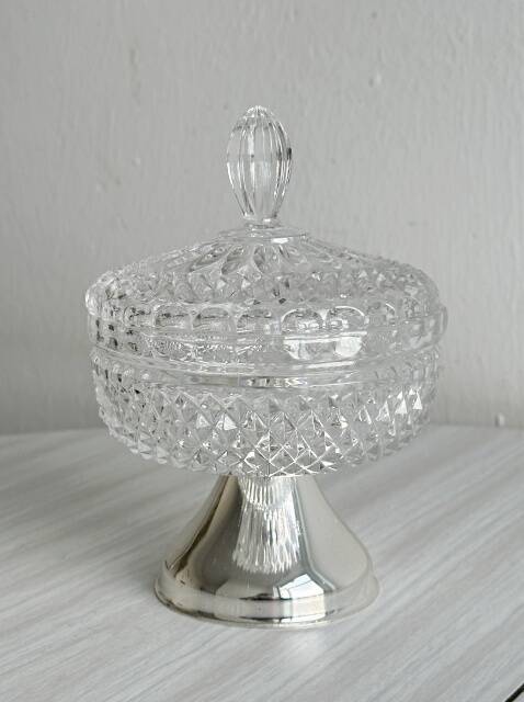 Antique sugar bowl in glass and lightweight metal