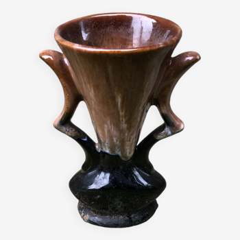 1991 Flamed sandstone vase Grand feu 15cm souvenir Mont Saint Michel vintage old amphora