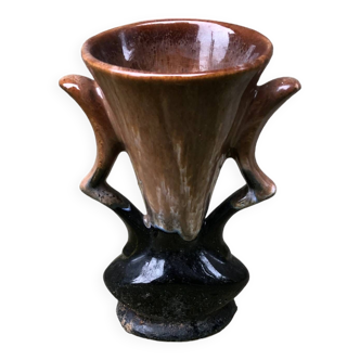 1991 Flamed sandstone vase Grand feu 15cm souvenir Mont Saint Michel vintage old amphora