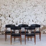 Set of 5 Scandinavian chairs in teak and faux leather, 1960.
