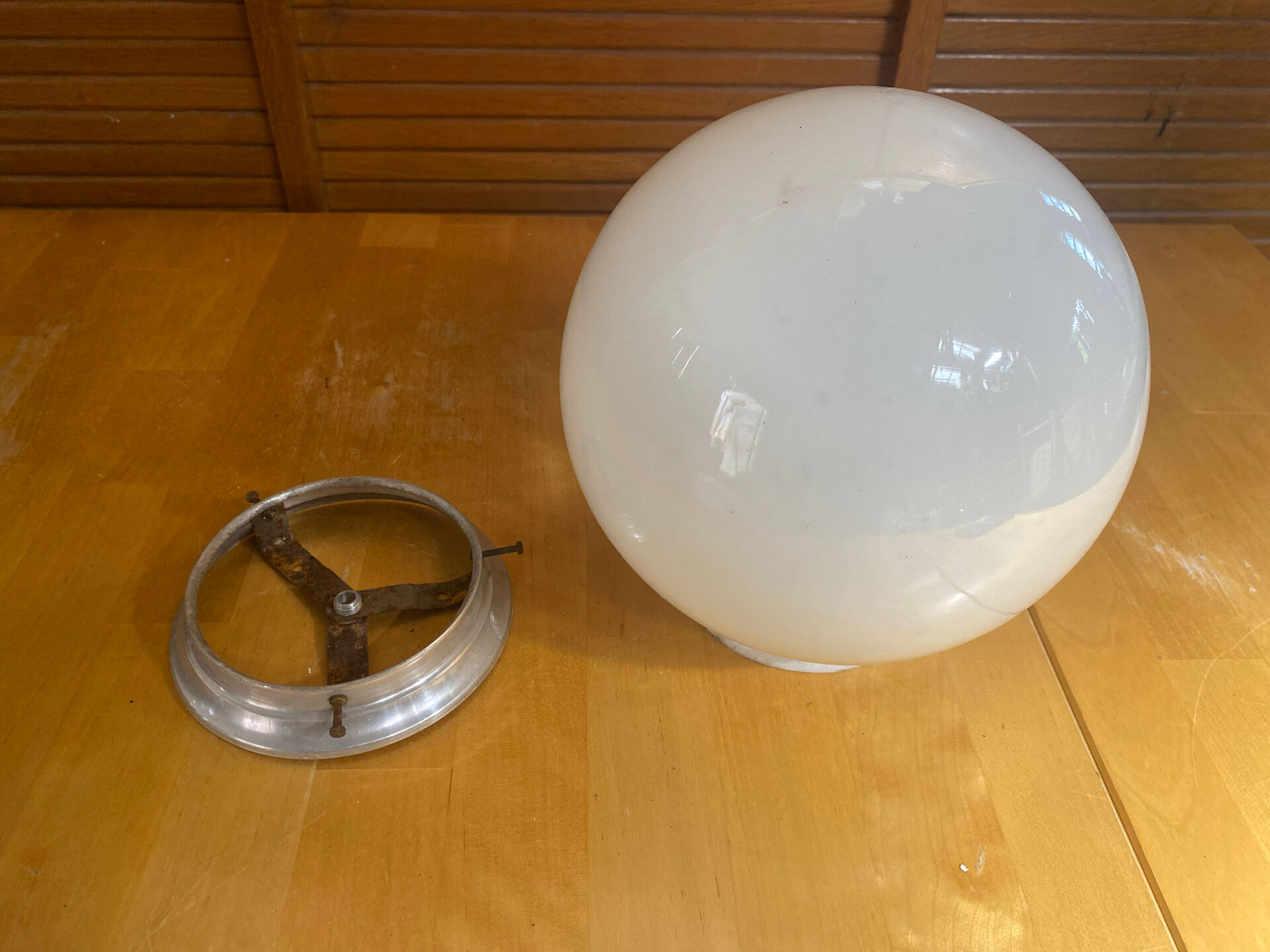 Vintage Ceiling Light Opaline White Ball + Aluminium Support 50s #E