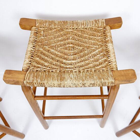Set of 3 bar stools in Oak and Rush woven seat
