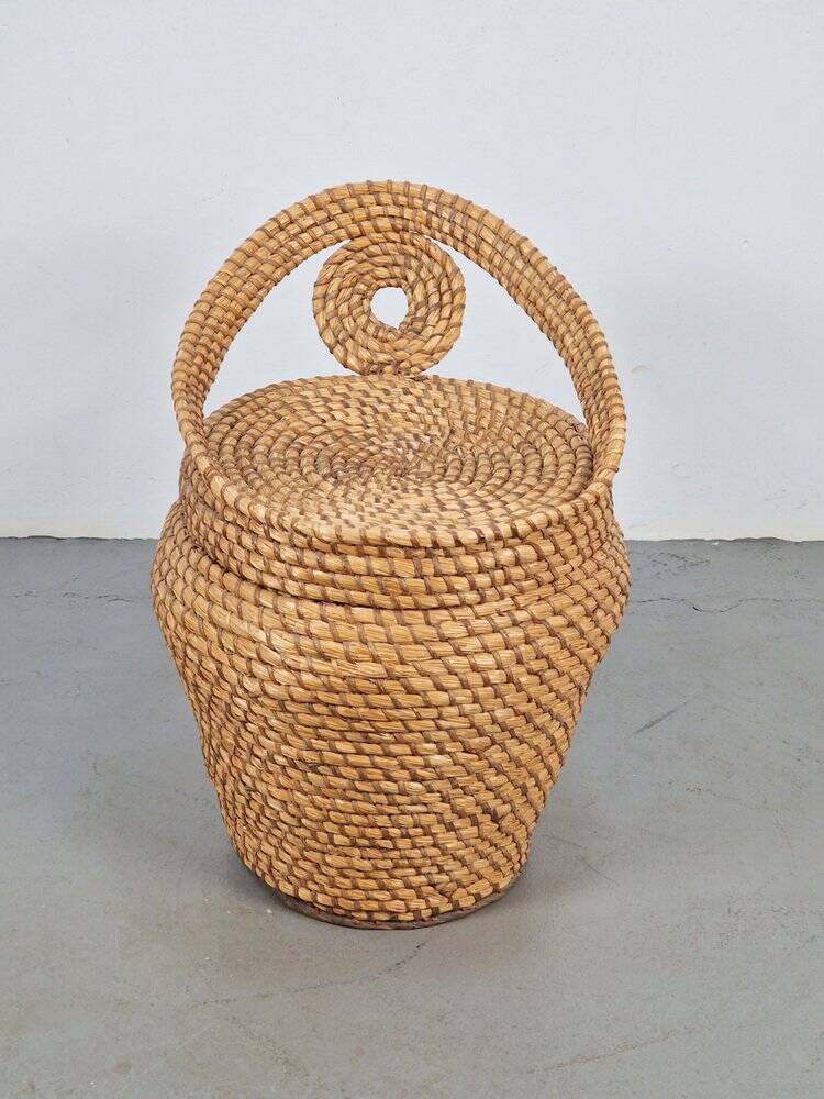 Vintage Straw and Wicker Stool with Storage Basket, 1960s