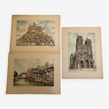 Set of 3 color engravings signed Barday