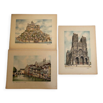 Set of 3 color engravings signed Barday