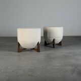TOTEMO stools by FORME with ivory Dedar bouclé upholstery and walnut legs.