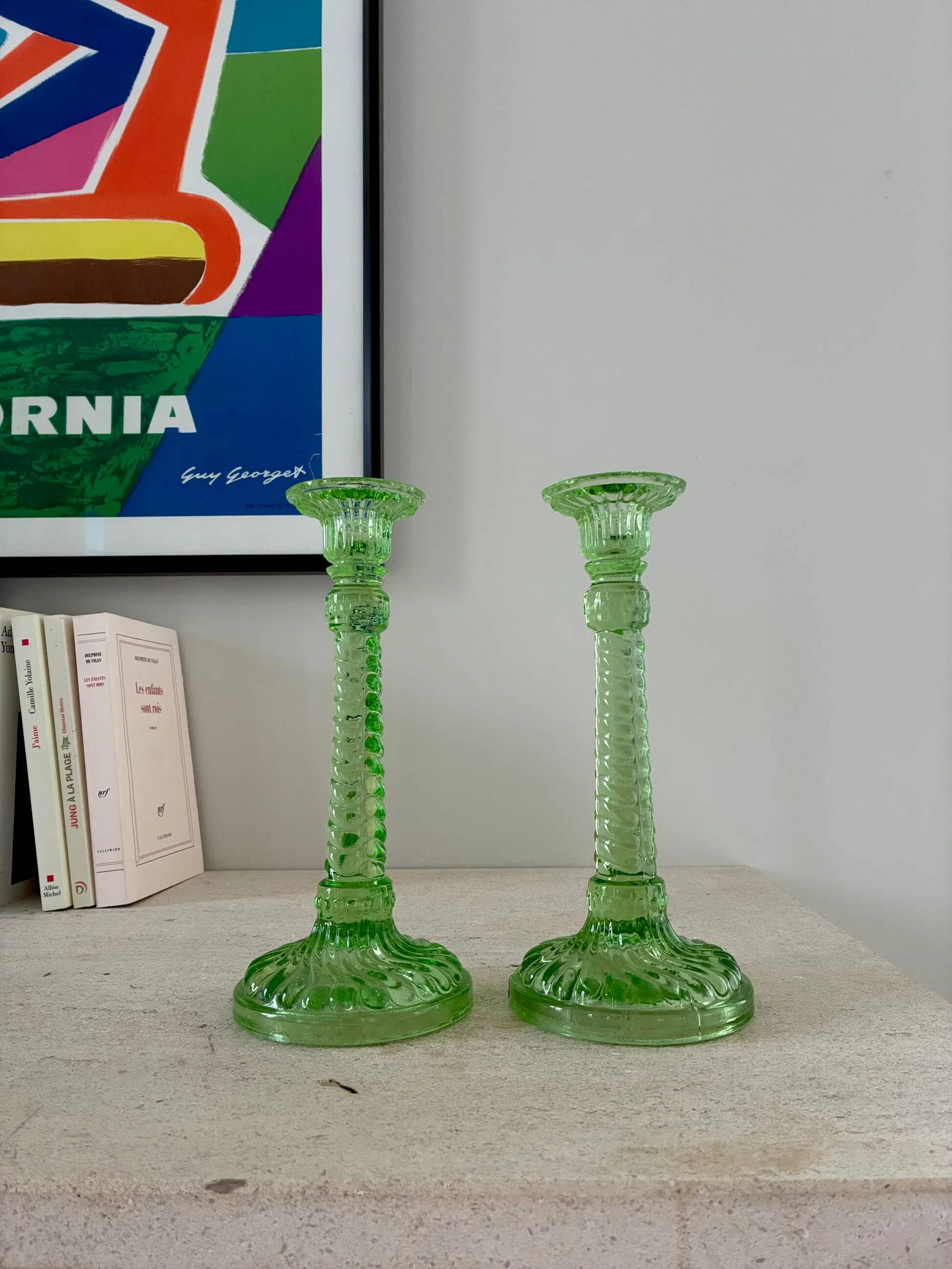Pair of Scailmont green crystal candlesticks - 1920/1930