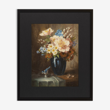 Bouquet de fleurs , Huile sur assiettes , 55 x 66 cm