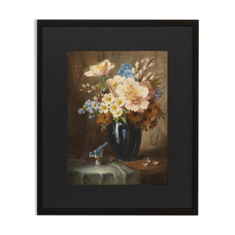 Bouquet de fleurs , Huile sur assiettes , 55 x 66 cm