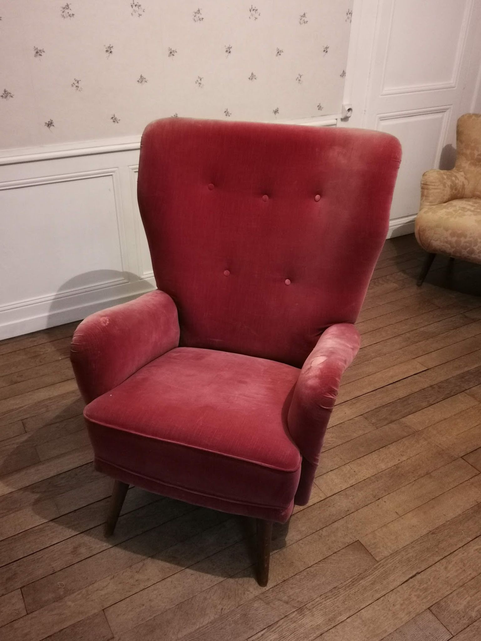 Fauteuil danois bergère année 40 50 velour rouge