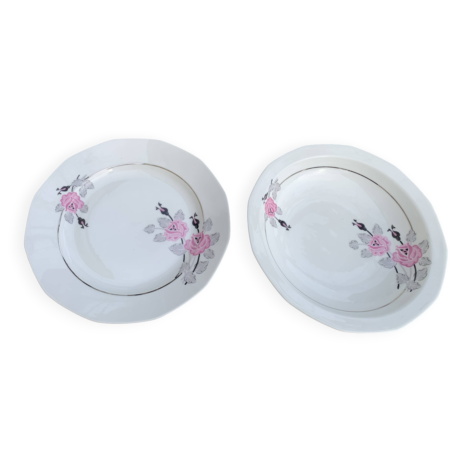 Set of two art deco porcelain dishes, limoges france, BRB, pink flowers