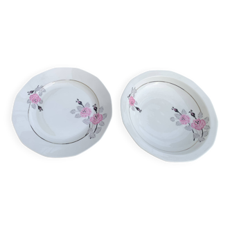 Set of two art deco porcelain dishes, limoges france, BRB, pink flowers
