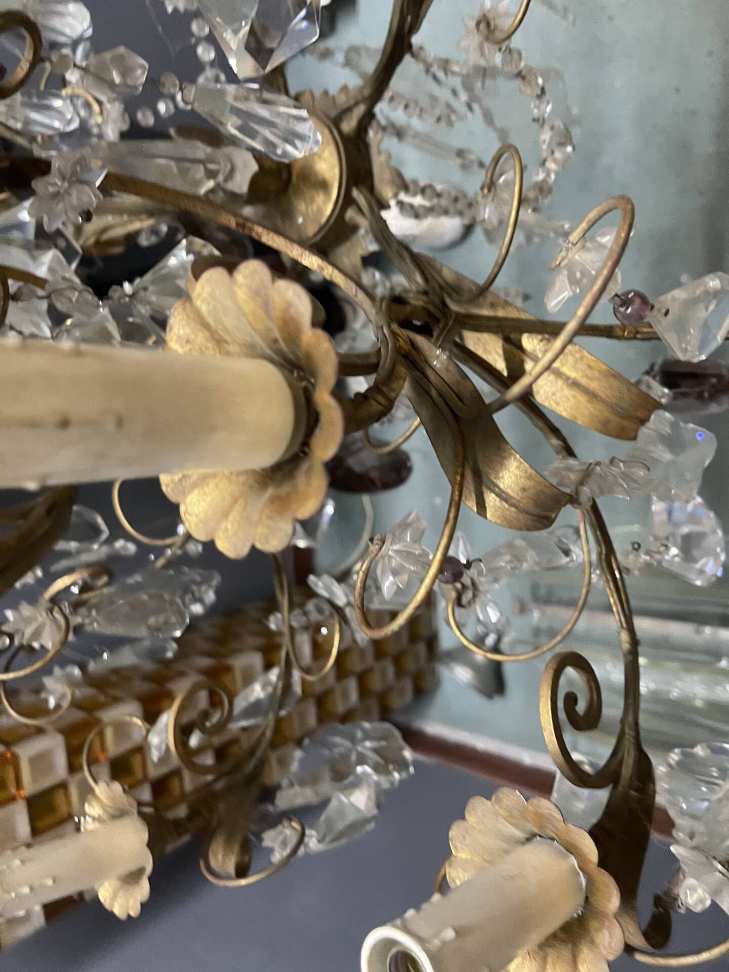Large Florentine Tole Chandelier with Murano Glass Flowers, Italy, 195