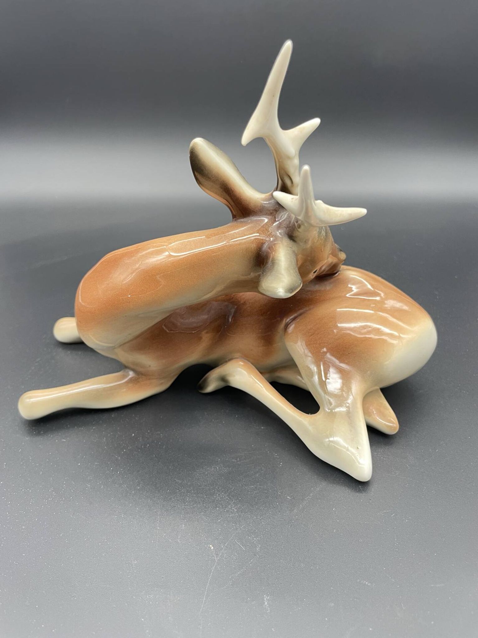 Royal Dux porcelain lying deer – Vintage Bohemian sculpture, model