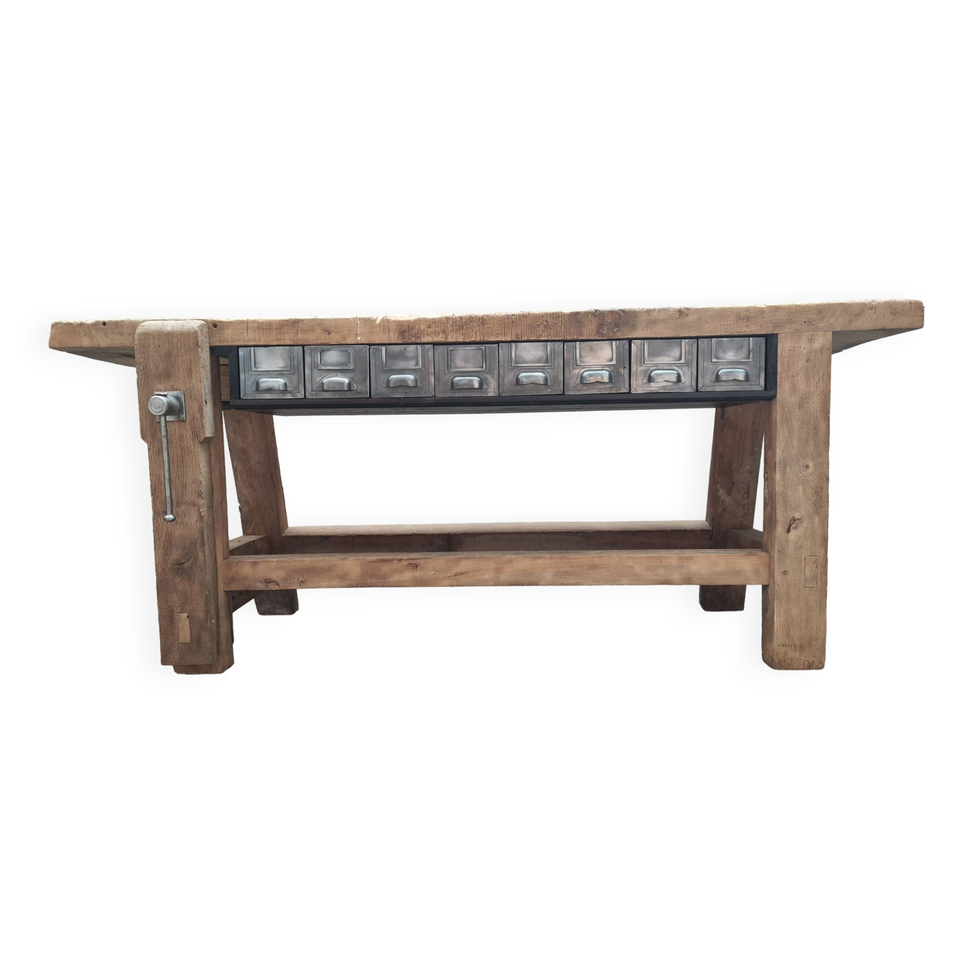 Old carpenter's workbench with eight metal drawers, industrial console