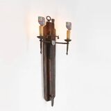 French 20th Century Large Wrought‑Iron Medieval Revival Wall Lamp with Swor