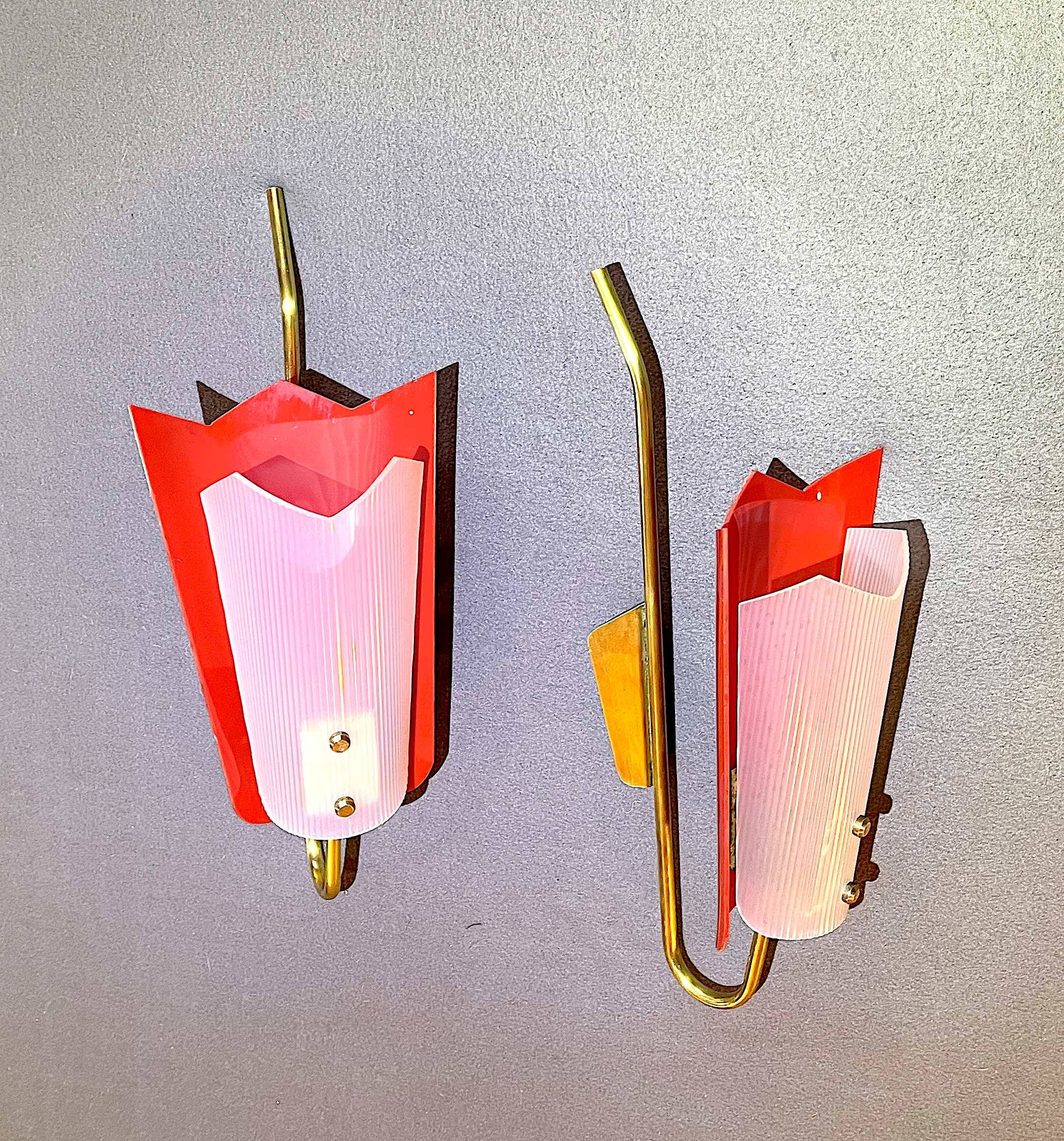 Gande Pair of Red Sconces in Brass and Pespex, Italy, Mid-Century