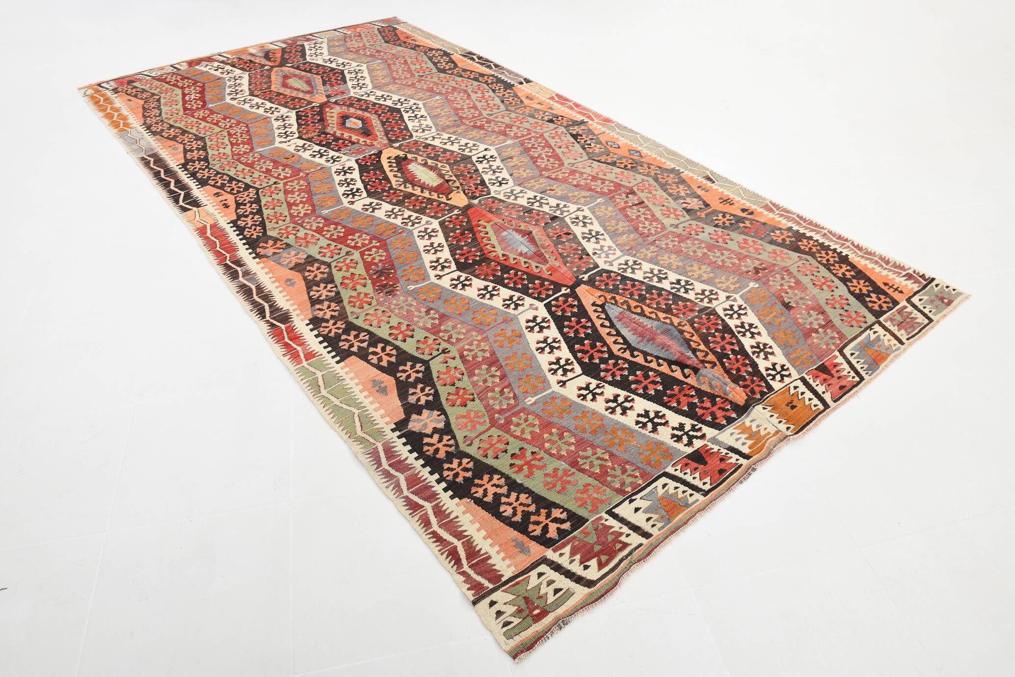 Pastel Tones Geometric Pattern Turkish Woven Wool Kilim Rug, 185x350 Cm