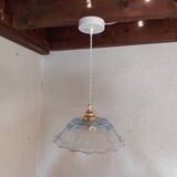 Suspension vintage en verre ciselé bleuté