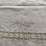 Antique tablecloth, English embroidery and "CD" monogram - 120x75 cm - Linen