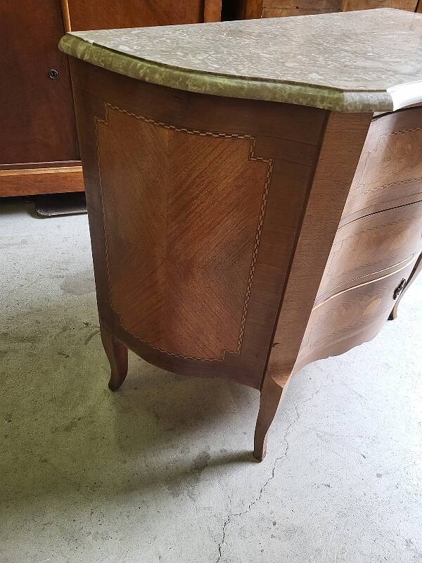 Curved chest of drawers in rosewood and marble marquetry