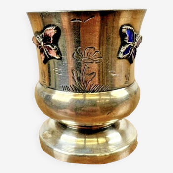 Silver-plated tumbler decorated with a butterfly and enameled flower