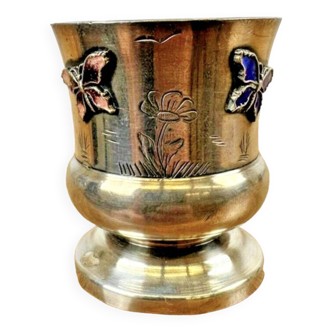 Silver-plated tumbler decorated with a butterfly and enameled flower