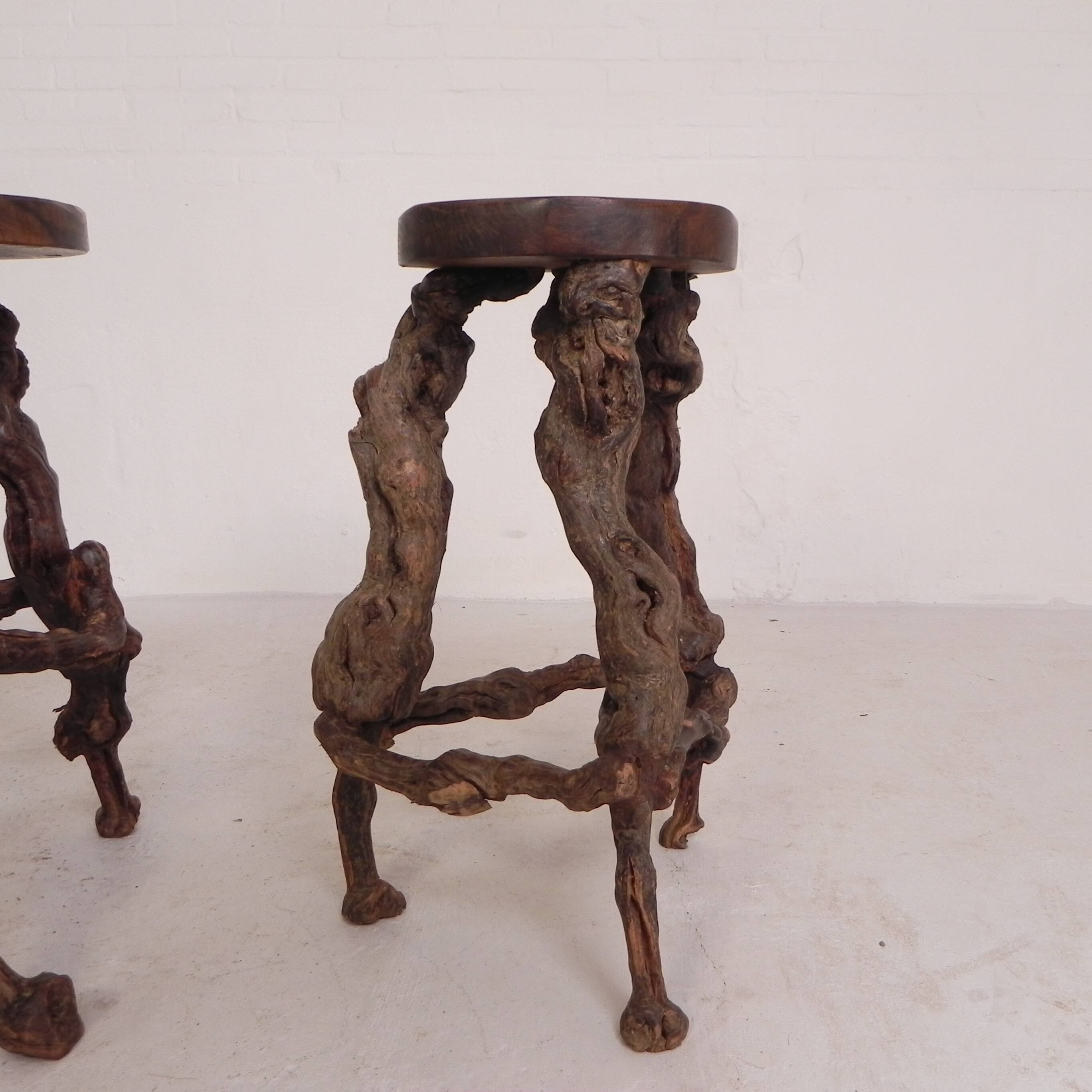 Set of 3 vintage wooden vine bar stools, 1960s