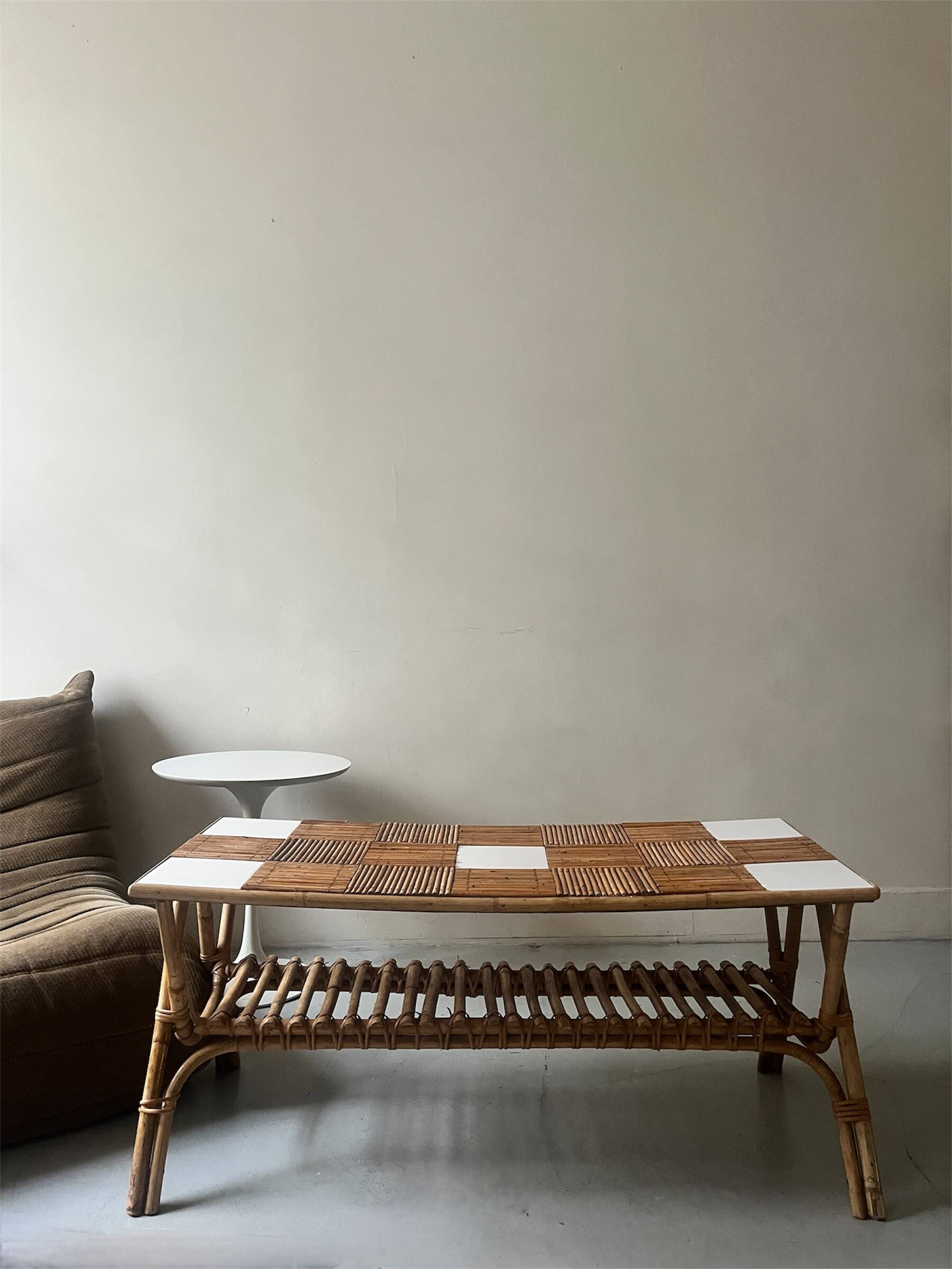 Large Audoux style coffee table in bamboo, rattan & ceramic, France 60