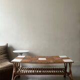 Large Audoux style coffee table in bamboo, rattan & ceramic, France 60