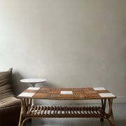 Large Audoux style coffee table in bamboo, rattan & ceramic, France 60