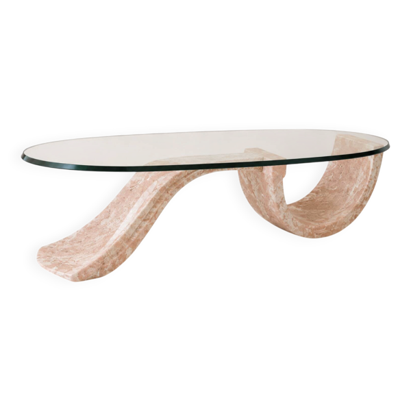 Table basse sculpturale en marbre rosé et verre, années 70-80