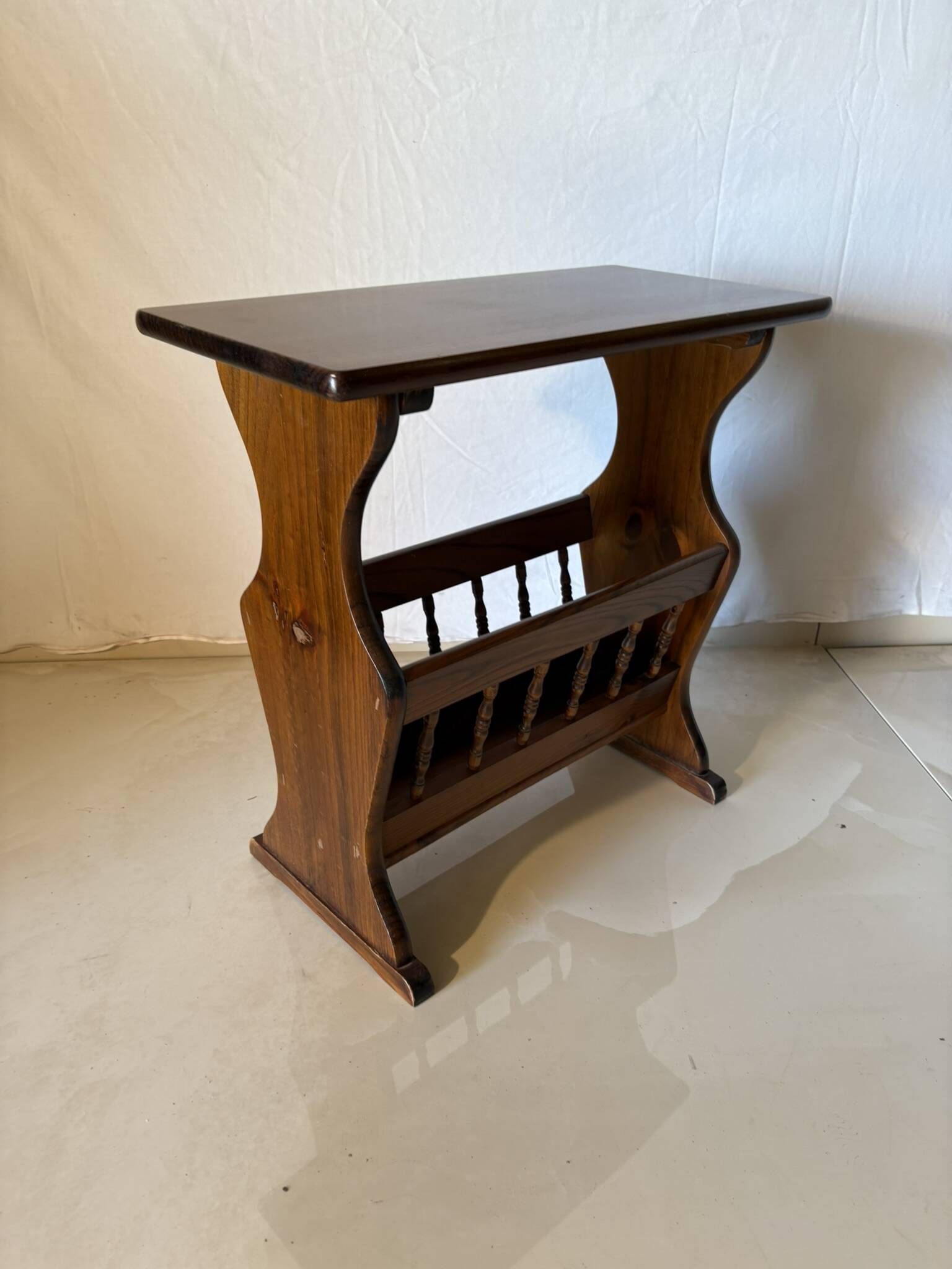 Side table, vintage turned wood magazine rack